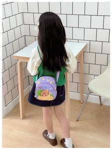 Detail showing the adjustable purple strap and cartoon bear print on child's crossbody bag