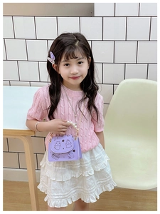 Detail of purple children's pearl handle crossbody bag with cartoon capybara print