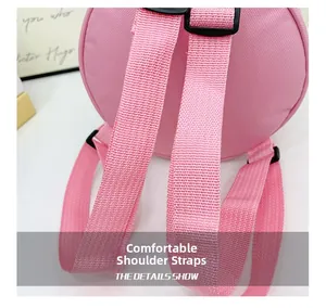 Detail of wide pink shoulder straps on toddler backpack for enhanced carrying comfort