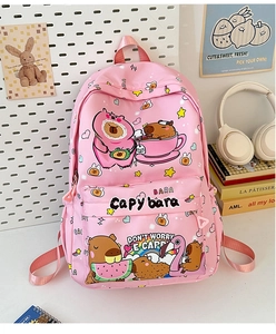 Detail of pink Capybara school backpack with waterproof fabric and cute cartoon prints