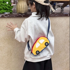 Cartoon car shaped crossbody bag for kids in bright yellow canvas with blue strap