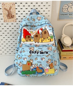 Close-up of cute cartoon Capybara print on a waterproof light blue student backpack