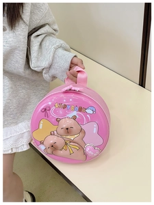 Pink round hardshell toddler backpack with cute cartoon capybara graphics and top handle