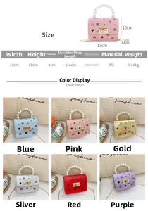 Tabella taglie e display multicolore della mini borsa a tracolla con perle da bimba