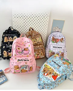 Close-up of cute Capybara print backpacks in various colors for students and casual use