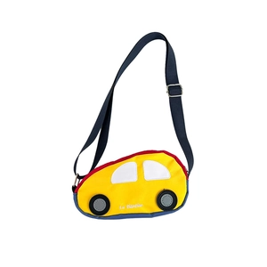 Cute cartoon car-shaped crossbody chest bag for kids in bright yellow and blue canvas