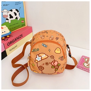 Detail of cute yellow bear crossbody bag with dual zippers and adjustable strap