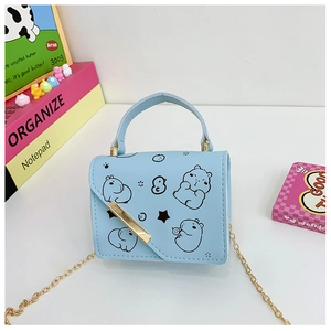 Detail of light blue mini bag with cute capybara print and golden chain strap