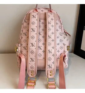 Close-up of pink backpack with NX monogram print and gold rivet details on the side