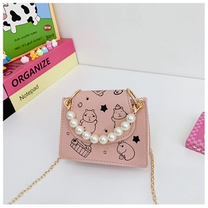 Pink Capybara children crossbody bag with pearl handle and golden chain detail