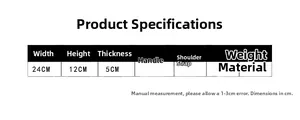 Detailed size chart for nylon chest bag showing dimensions 24x12x5cm and strap length
