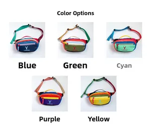 Five colorful crossbody waist bags for kids in blue, green, purple, and yellow shades