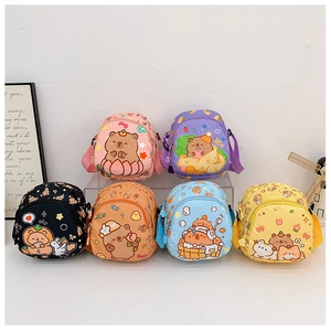 Mini canvas crossbody bags for kids featuring cute capybara prints in six vibrant colors