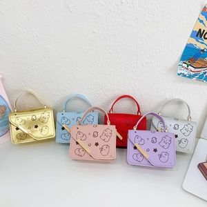 Kids Mini Shoulder Bag PU Leather Cartoon Bear Print Cute Crossbody Handbag With Metal Chain For Girls
