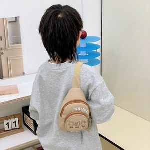 Kids stylish canvas chest bag with letter print and cartoon hand gesture patterns