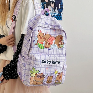 Cute purple plaid backpack with Capybara summer prints and spacious compartments