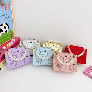 Kids Girls Crossbody Bag Capybara Cartoon Print Artificial Pearl Handle Metal Chain PU Leather Cute Mini Handbag