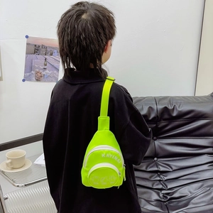 Neon green kids chest bag with adjustable strap featuring letter print and palm graphic