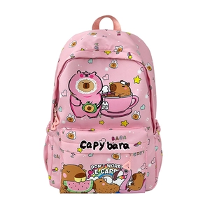 Pink cartoon capybara print backpack for girls with large capacity and side pockets