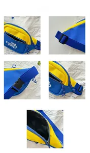 Détails du sac de poitrine enfant contrasté jaune bleu avec sangle et fermeture éclair