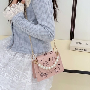 Pink Capybara cartoon crossbody bag for kids with pearl handle and gold chain strap