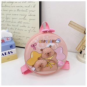 Pink hardshell toddler backpack with Capybara print and cute flower zipper detail
