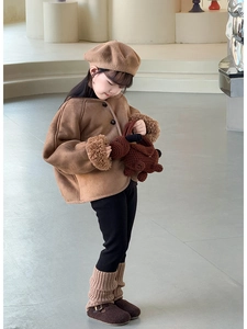 Handmade knitted puppy bag styled with girl's warm brown jacket and beret set