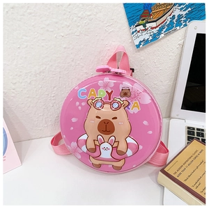 Close-up of pink hard shell round backpack for kids featuring Capybara cartoon design