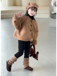 Toddler brown faux suede jacket with plush trim and cute crochet puppy handbag