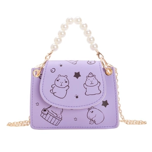 Purple Capybara mini shoulder bag with pearl handle and gold chain strap for girls
