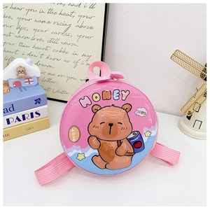 Detailed view of pink hard shell kids backpack with cute bear print and honey lettering