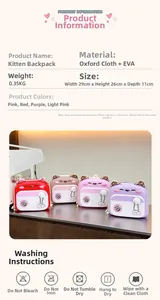 Detailed chart for cute cat kids backpack showing size dimensions and oxford fabric features