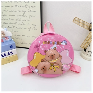 Front view of pink hard shell kids backpack with cute cartoon capybara prints