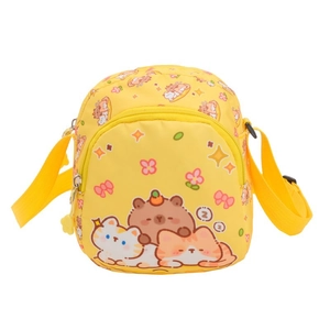 Cute yellow bear print kids crossbody bag with cartoon kittens and star zipper