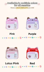 Detailed grid view showing pink, purple, and red cartoon cat backpacks for children