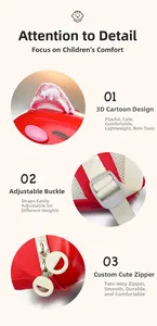 Detail showing 3D star ears, adjustable buckle and dual zippers on red cartoon backpack