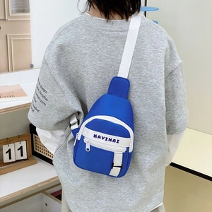 Blue and white color-block kids crossbody bag with adjustable strap and KAYINAI print