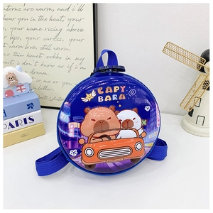Detailed close-up of a blue hard shell capybara cartoon backpack for young children