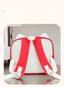Detail of breathable honeycomb mesh back and adjustable padded straps on kids cat backpack