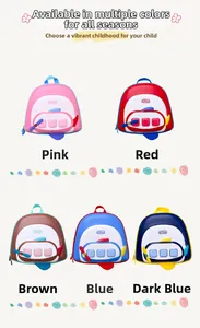 Collage of five colorful airplane-shaped hardshell backpacks for kindergarten kids