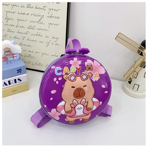 Purple hard shell kids backpack featuring a cute Capybara with pink goggles and floral details