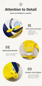 Detail view of 3D airplane decor, adjustable buckle and dual zippers on kids backpack
