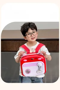 Detailed close-up of a lightweight red kids cat backpack with 3D ears and MEOW badge