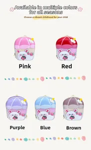 Detailed view of kids cartoon bunny backpacks in five vibrant colors with 3D design