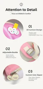 Detail of pink child backpack featuring 3D cloud pattern, adjustable strap, and dual zippers