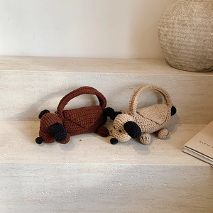 Kids Hand Woven Knitted Puppy Shape Shoulder Bag Cute Cartoon Animal Crossbody Handbag For Toddler Boys Girls
