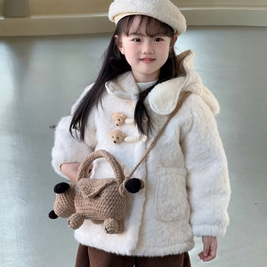 Handmade crochet puppy crossbody bag paired with white plush bear hooded jacket