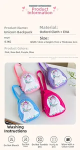 Detail view of colorful unicorn cartoon hard shell chest bags for kids in four bright colors