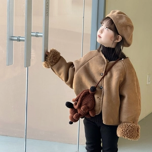 Handmade crochet puppy shoulder bag for kids with warm brown fleece jacket and beret set