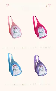 Detailed grid view of cartoon unicorn chest bags in pink, rose, blue and purple colors